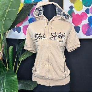 Y2K Old Skool Beige Short-Sleeve Zip Hoodie